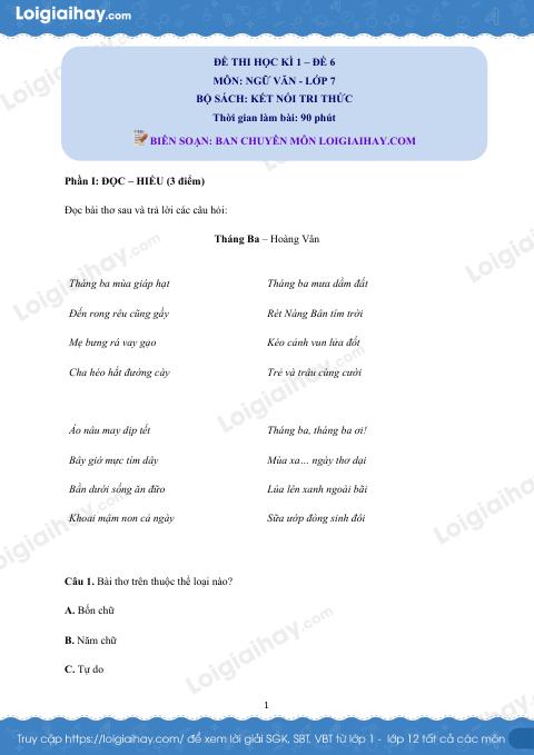 Đề thi học kì 1 Văn 7 Kết nối tri thức - Đề số 6